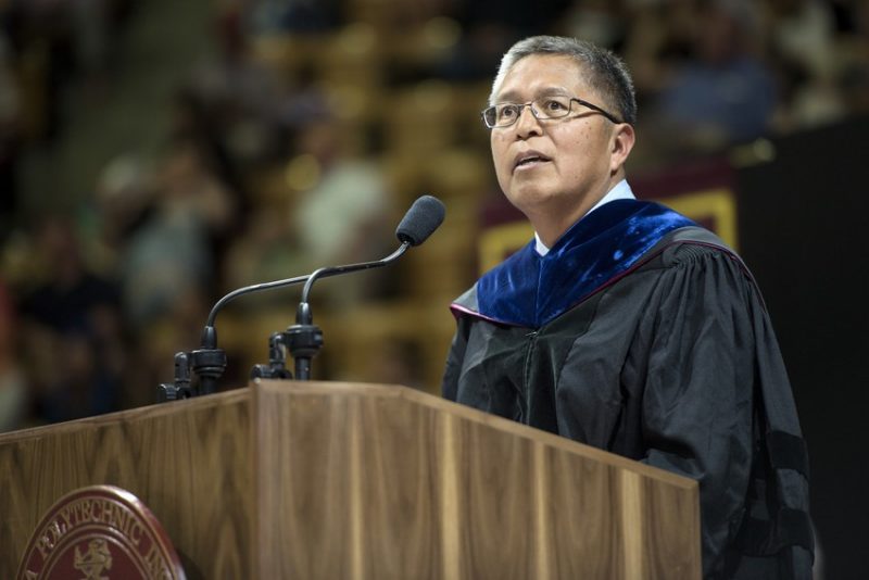 Stanley Atcitty, an energy storage systems researcher for Sandia National Laboratories,  spoke at the Graduate School Commencement Ceremony on Thursday.
