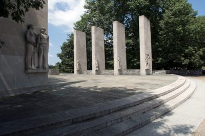 Memorial Court construction started in the spring of 1951, and the site was dedicated in the spring of 1961. The eight sculptured Indiana limestone pylons are, from left to right: Brotherhood, Honor, Leadership, Sacrifice, Service, Loyalty, Duty, and Ut Prosim (the University motto: "That I May Serve"). 
