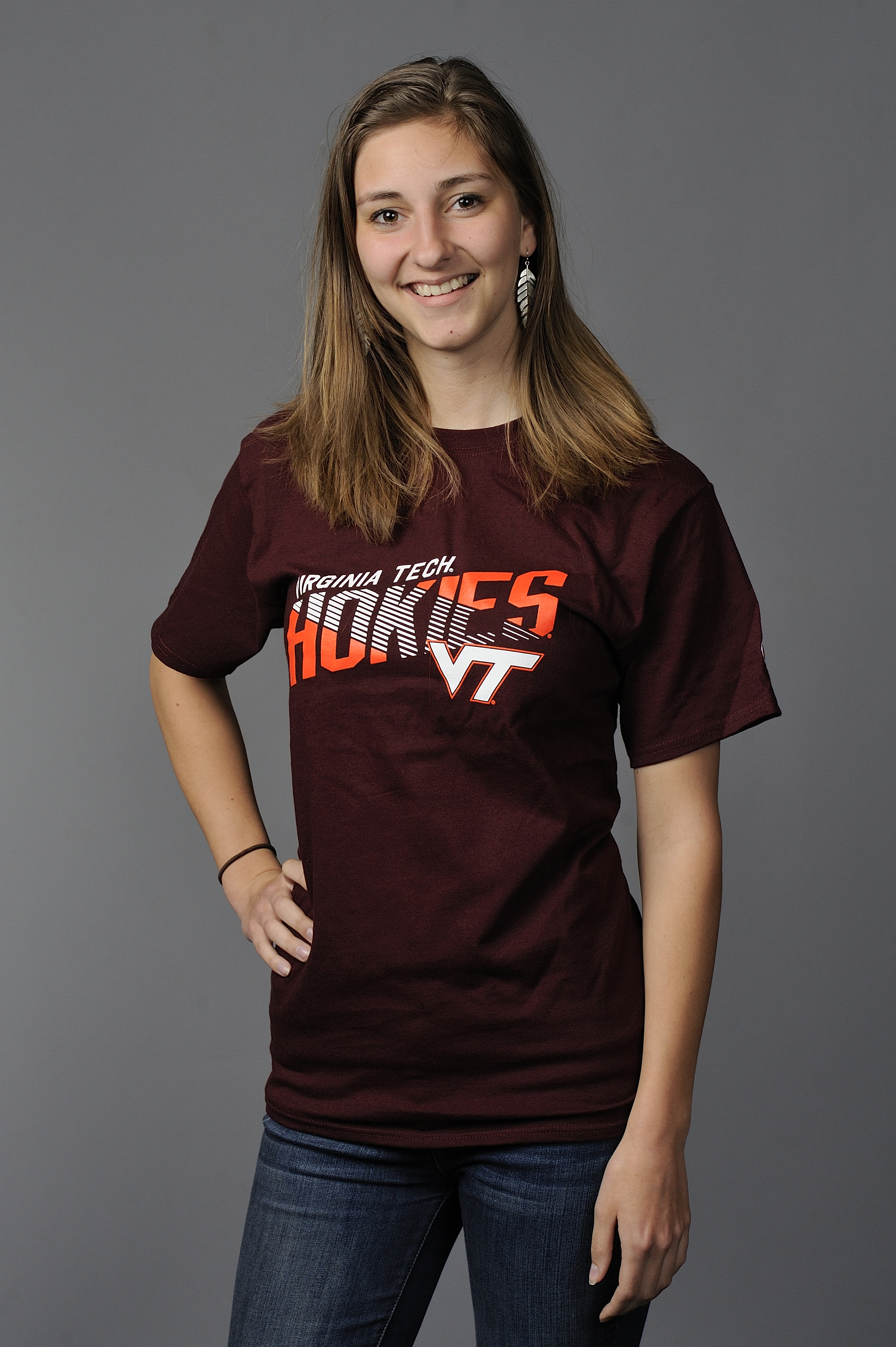 Woman in Virginia Tech maroon T-Shirt
