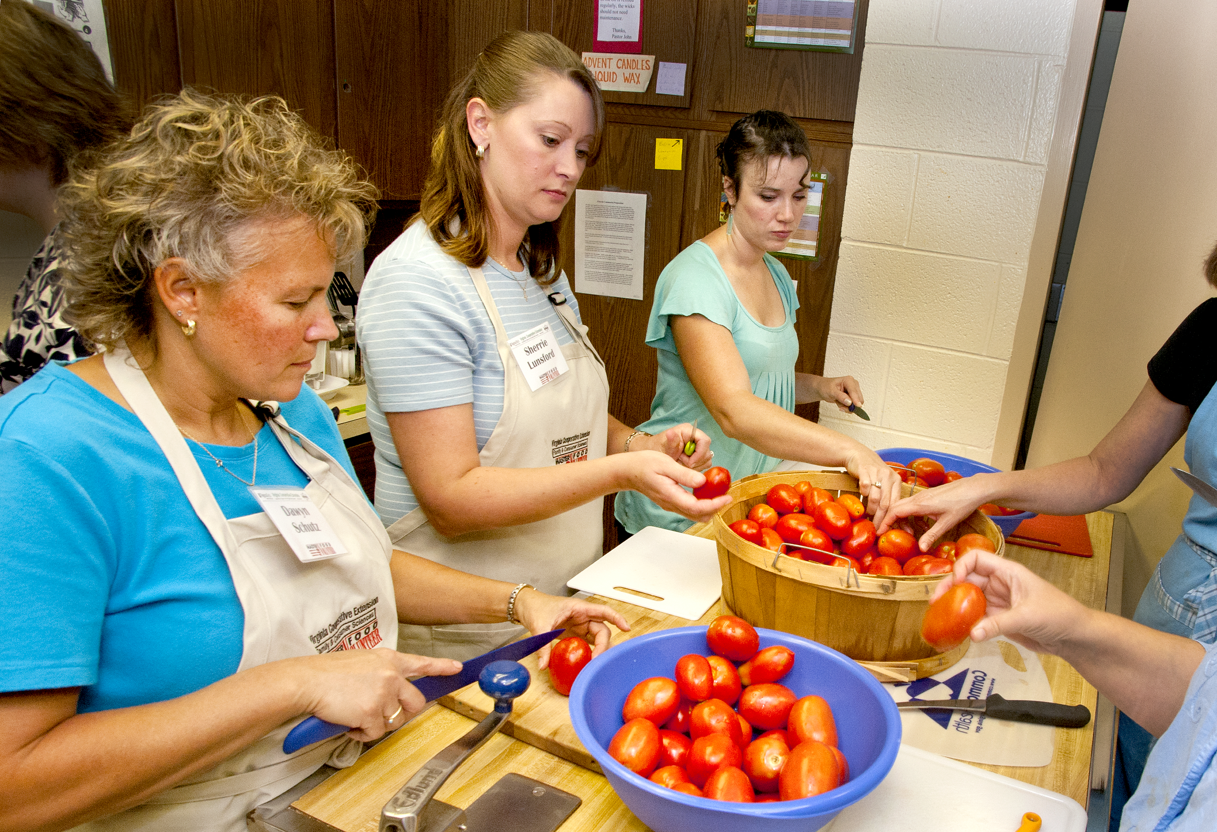 Workshop participants learn to roast and can tomatoes.