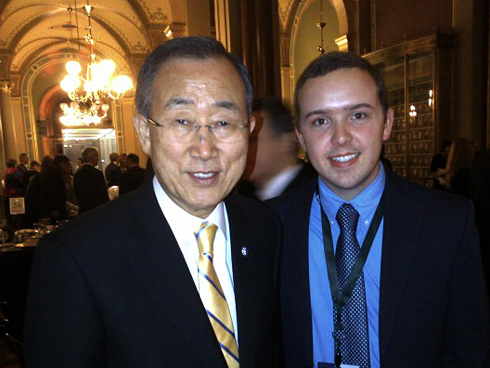 Austin Larrowe, at right, poses for a picture with Ban Ki-Moon, secretary-general of the United Nations, during the fall 2012 World Food Prize Conference.