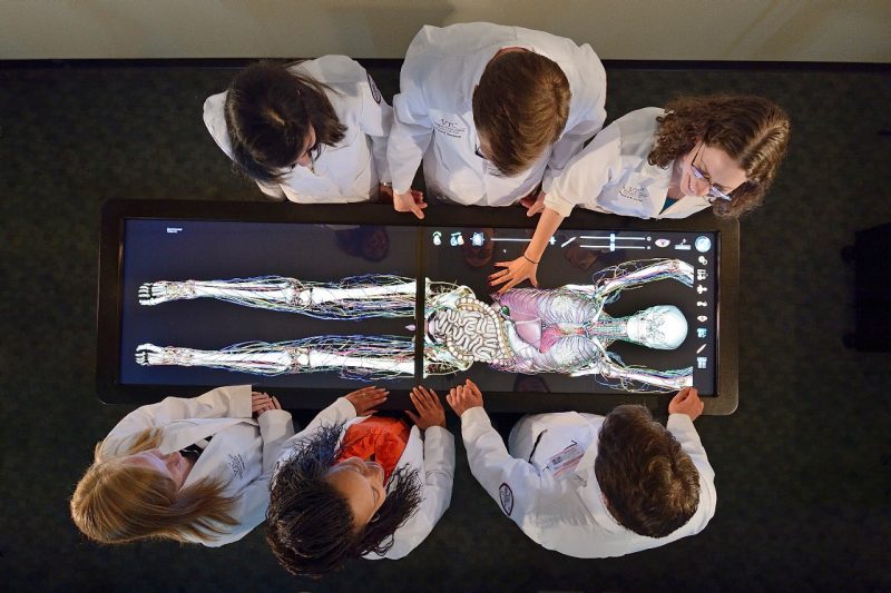 Medical students standing over an Anatomage Table.