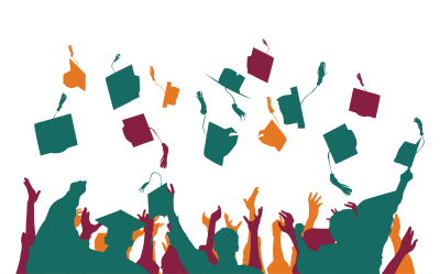illustration of graduates, green ones in the foreground and orange and maroon ones in the background